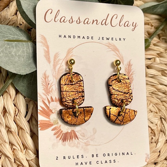 Handmade Polymer Clay Stud dangle earrings - Rose Gold Foil Crackle - Picture 4 of 4